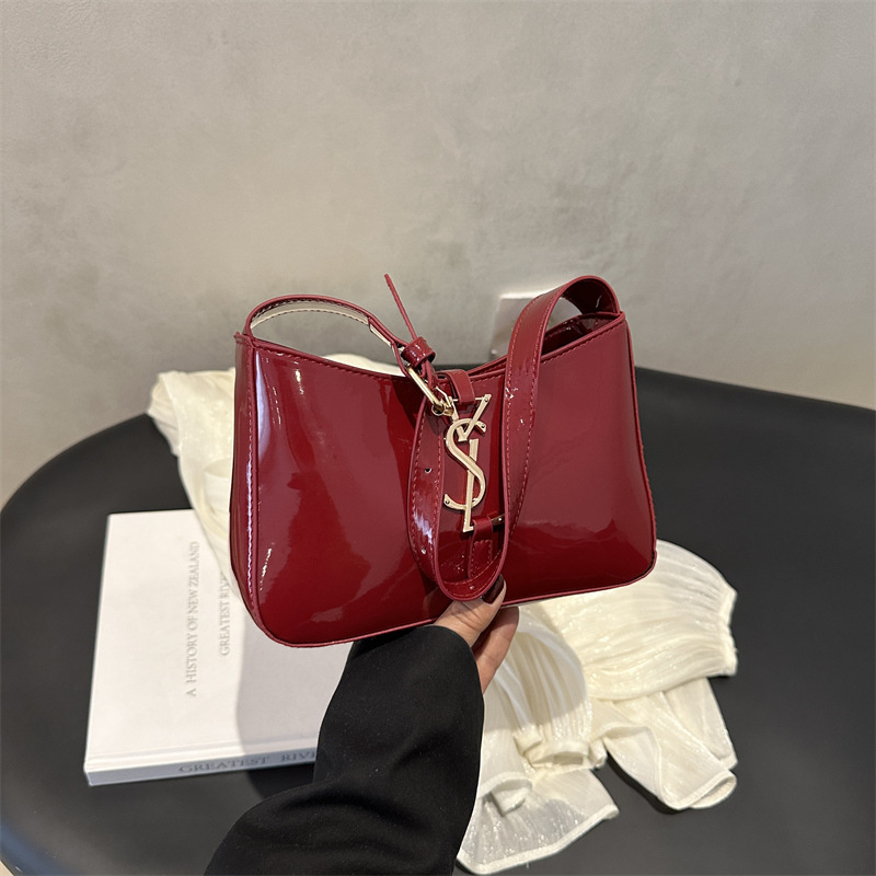 YSL Glossy Shoulder Bag – Wine Red
